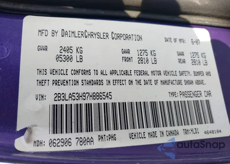 2007 Dodge Charger Rt from USA, damaged, VIN 2B3LA53H97H886545